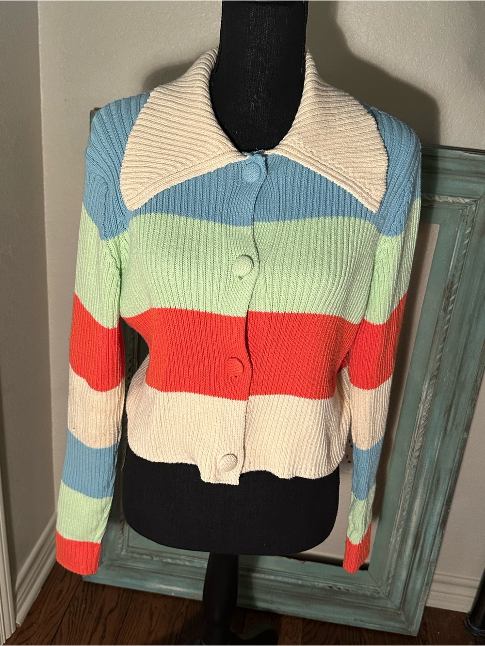 Zara Striped Knit Cardigan in Cream, Blue, Green & Red